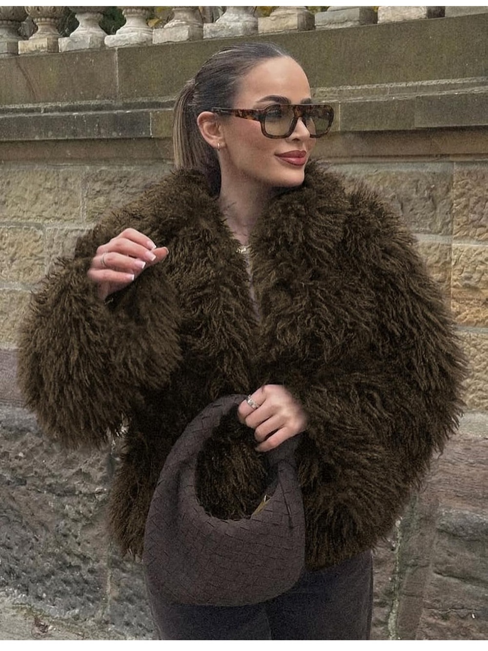 Women's Faux Fur Shaggy Coat in Brown fuzzy mop shaggy jacket